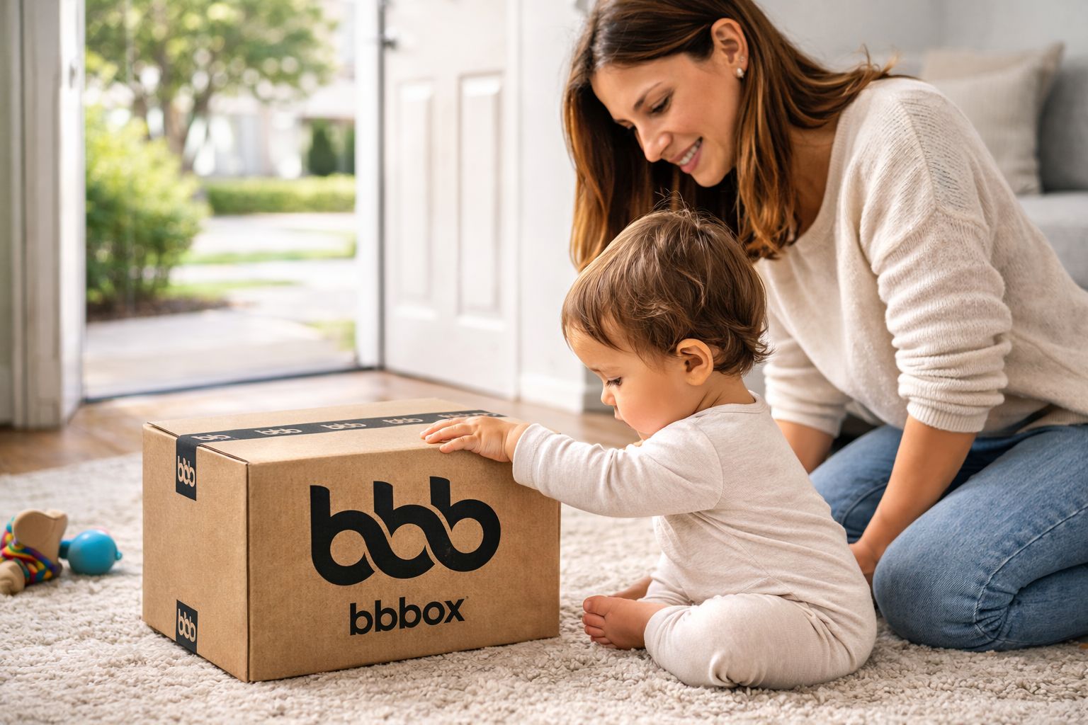 Familia recibiendo una caja de pañales y toallitas BBBOX